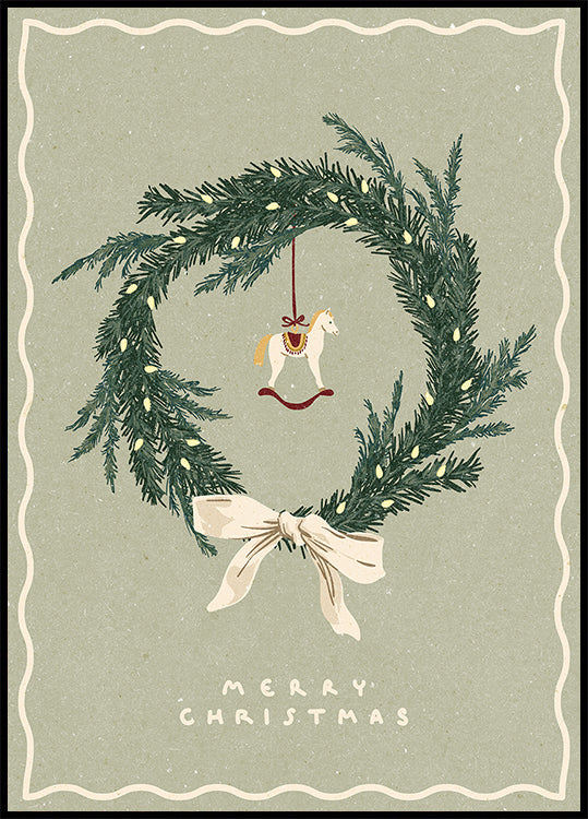 Horses toy on Christmas wreath with bow Plakat - Posterbox