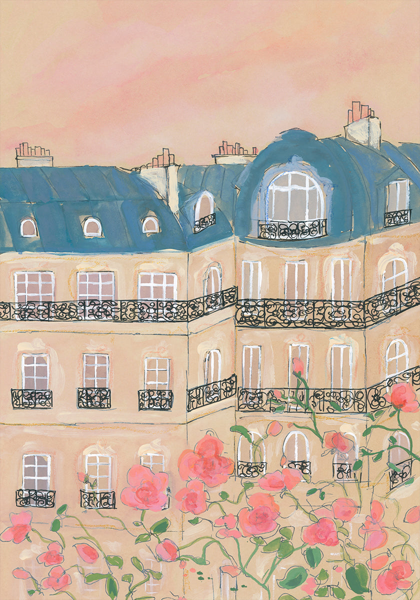 Auringonlasku Pariisin rakennusten yllä -juliste