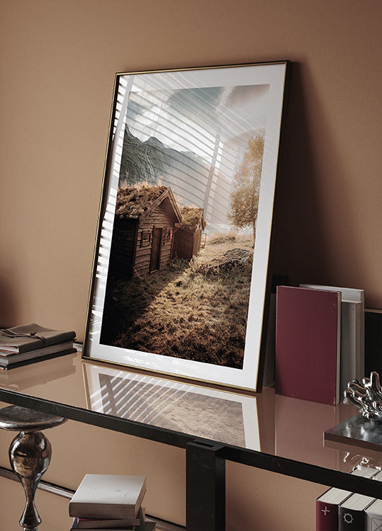 Rustic Houses at Sunset by Lovatnet Lake Plakat - Posterbox.dk