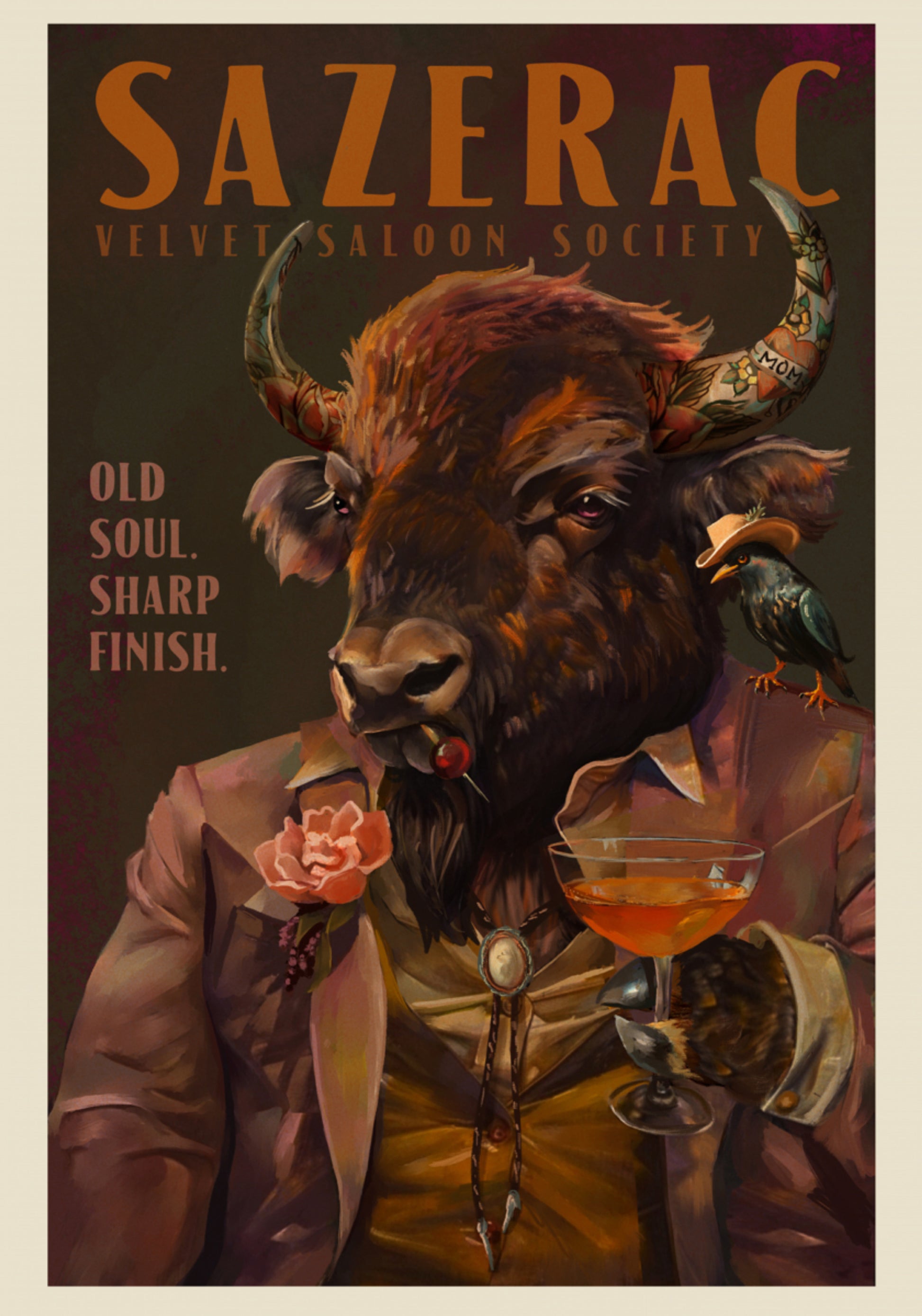 Buffalo Drinking Sazerac Cocktail. Alkoholi- ja viinabaari Art