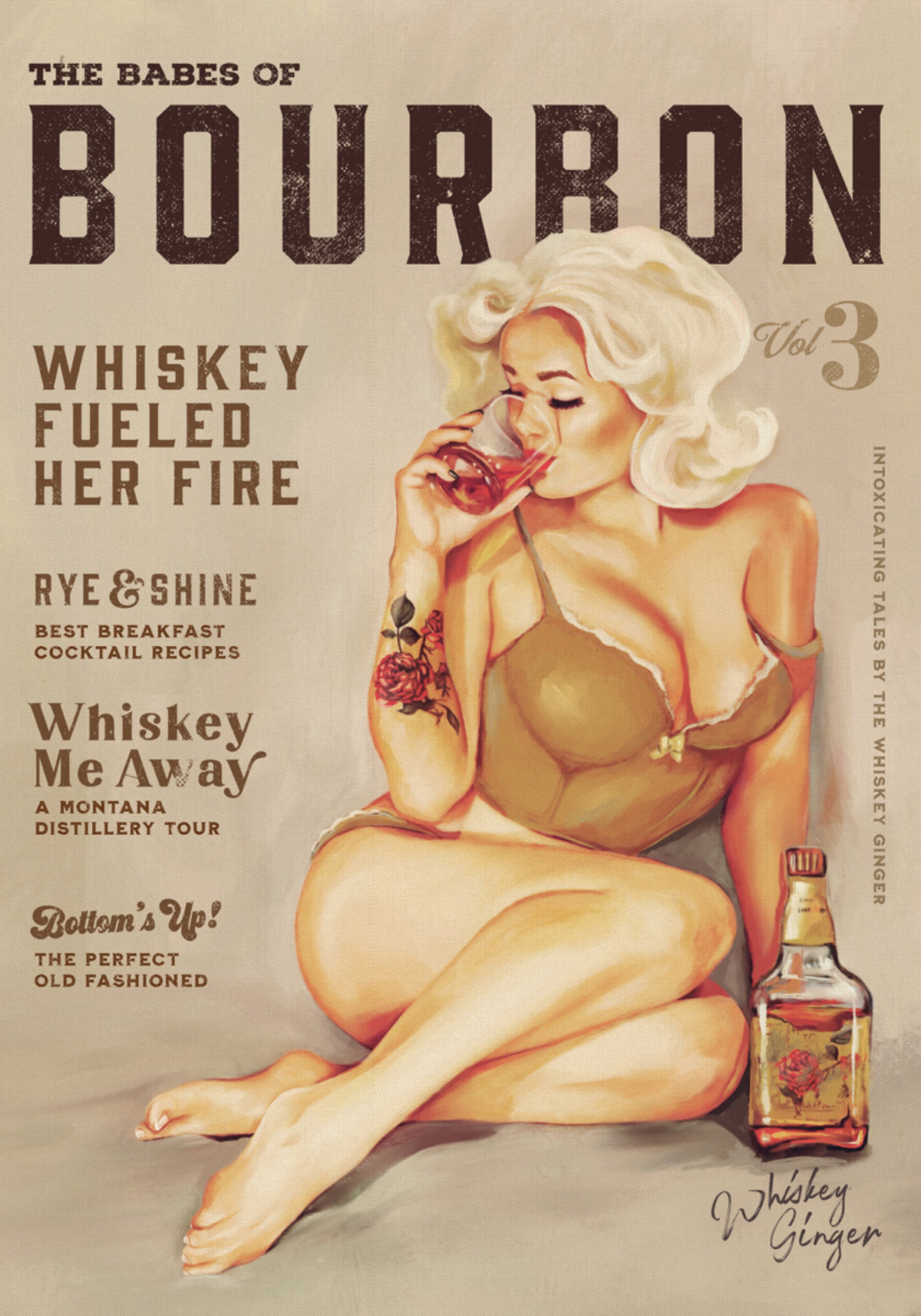 Bourbon Wall Art. Seksikäs Vintage Pin Up -tyttö juo viskiä