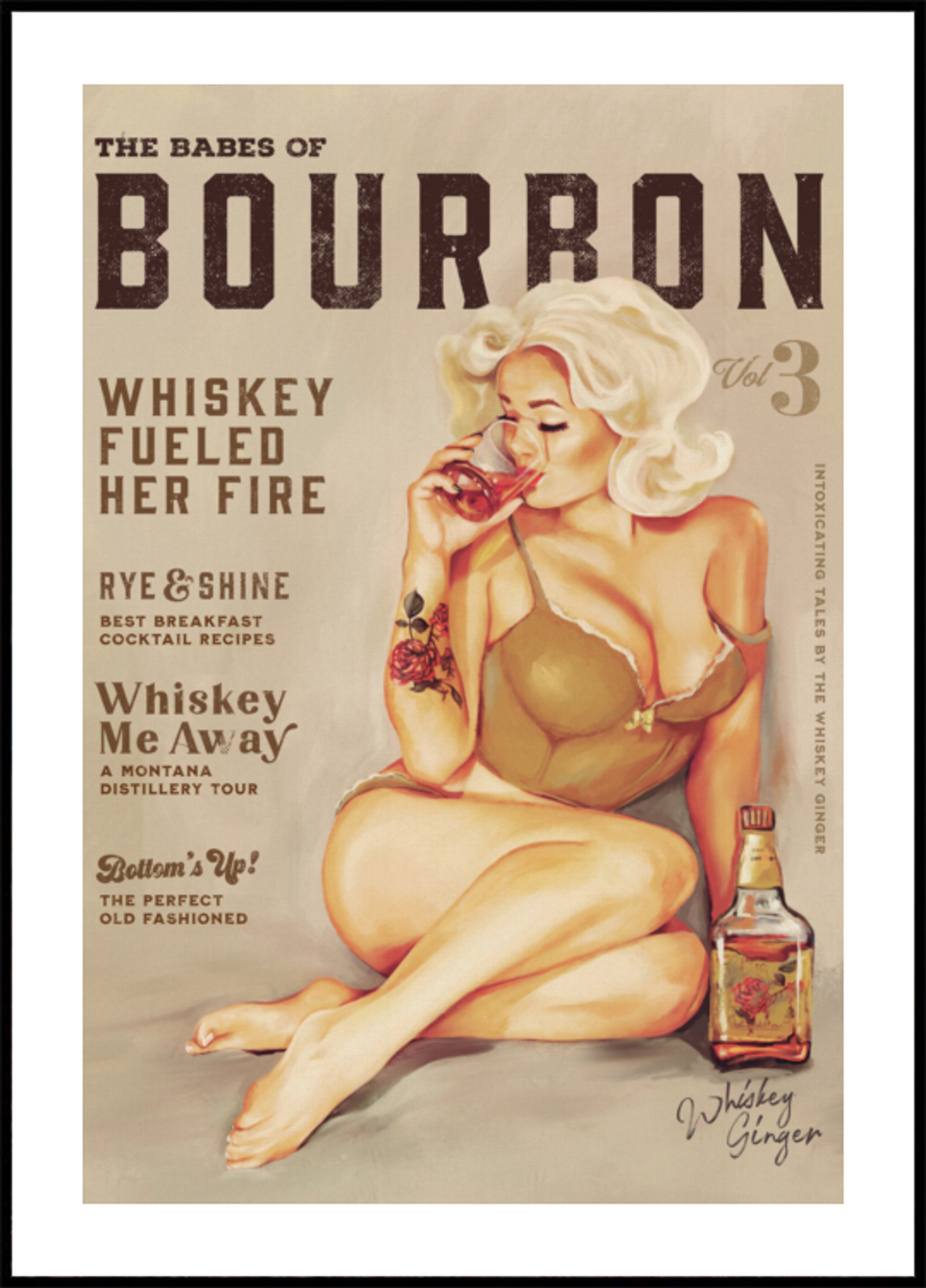 Bourbon Wall Art. Seksikäs Vintage Pin Up -tyttö juo viskiä