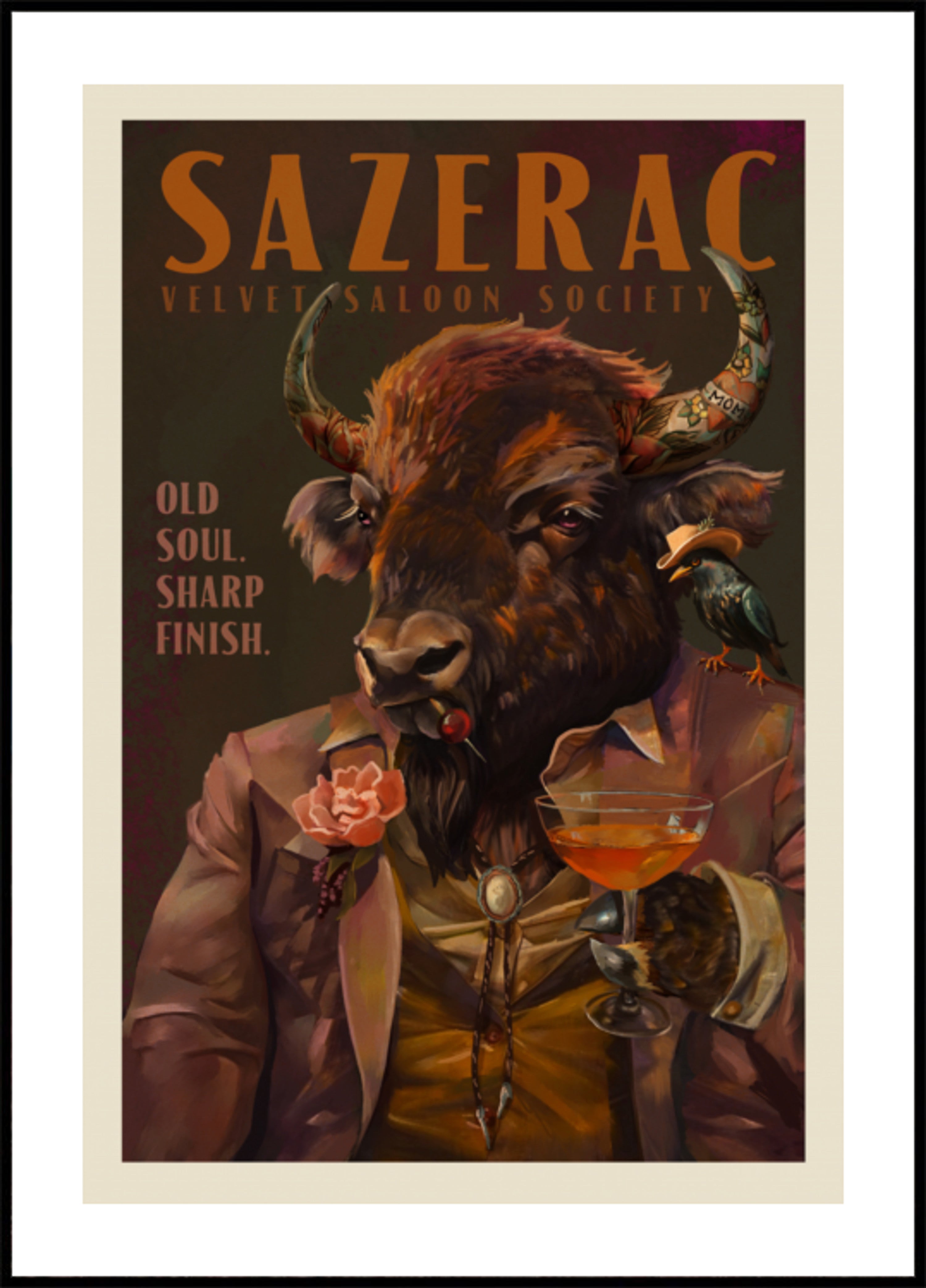 Buffalo Drinking Sazerac Cocktail. Alkoholi- ja viinabaari Art