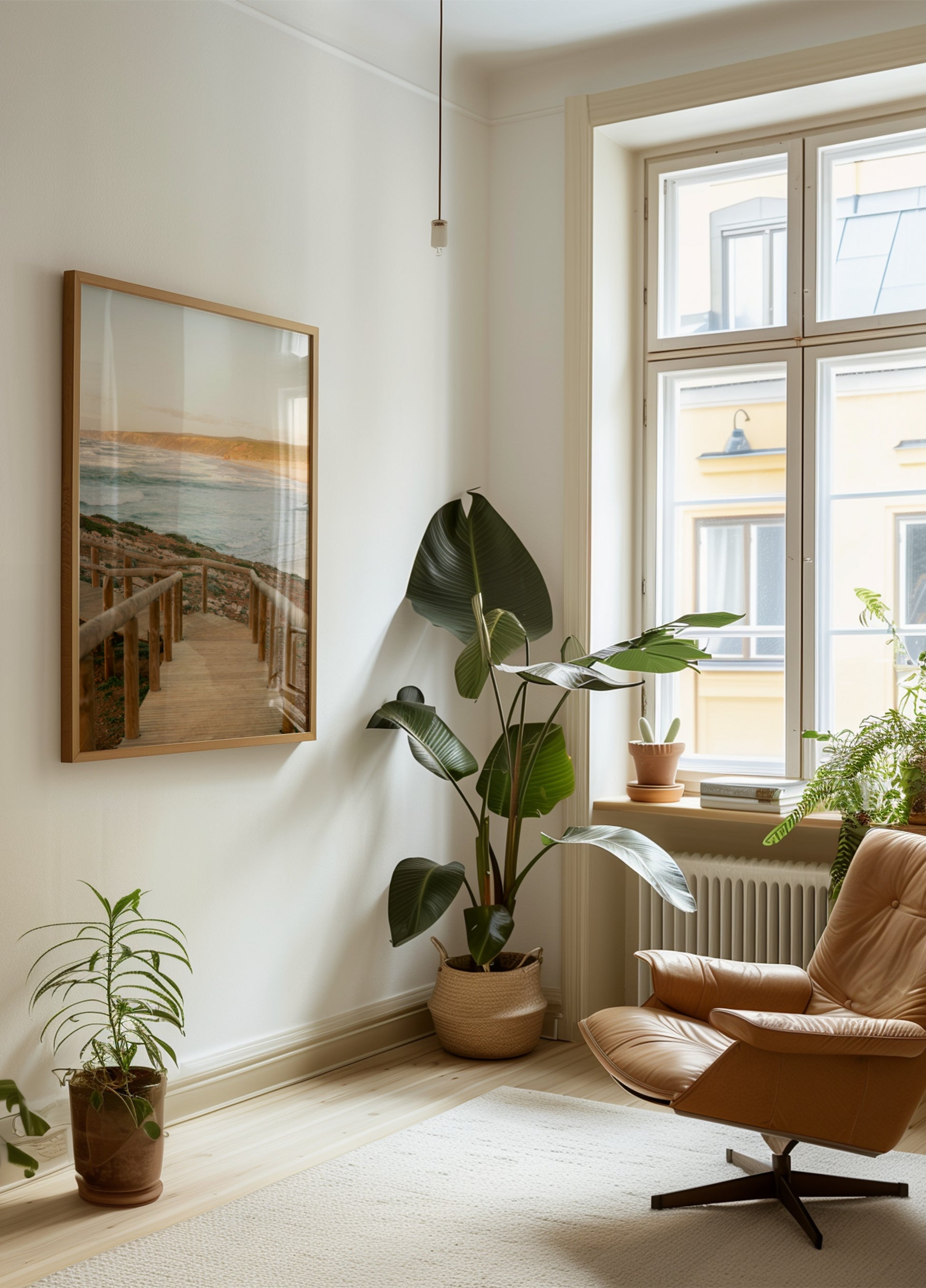 Rauhallinen rannikkomaisema auringonlaskun aikaan