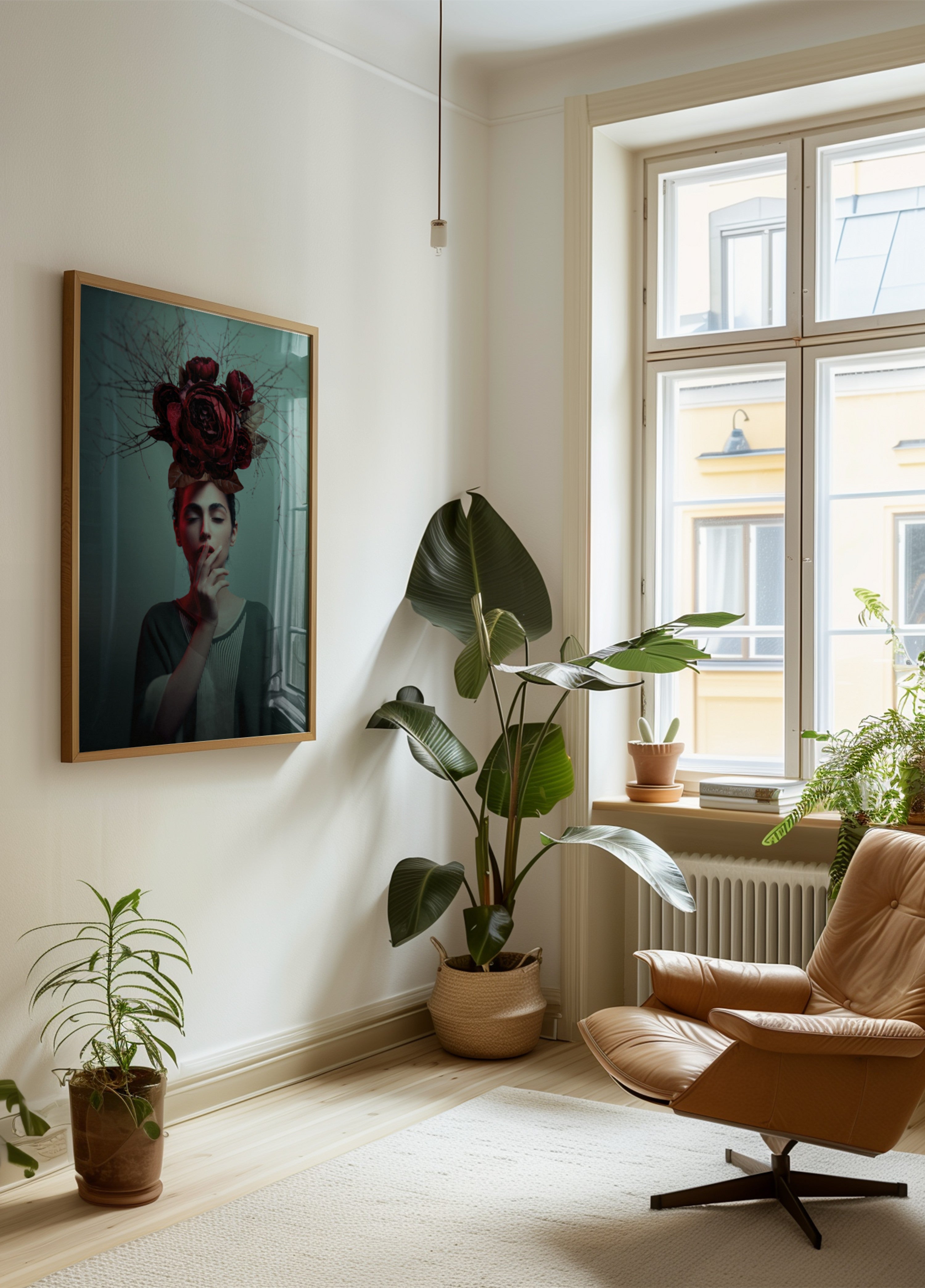 Mietteliäs nainen punaisia ruusuja